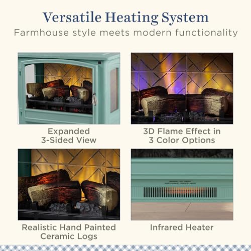 Country Living Infrared Freestanding Electric Fireplace Stove Heater in Mineral Blue | Multiple Flame Colors, Metal Design with Faux Wooden Logs | Alexa/WiFi Enabled, Remote Control Country Living
