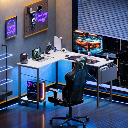 DUMOS L Shaped Desk Computer Gaming Corner Table 50 Inch Home Office Writing Student Work PC Workstation with Side Storage Bag CPU Stand for Bedroom Small Spaces DUMOS