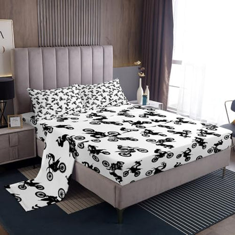 Feelyou Motocross Rider Bed Sheets for Kids Boys Children Extreme Sports Motorcycle Bed Sheets Set Dirt Bike Motorbike Sheet Set Boy Room Decor Bedding Set King Size Bed Set 4Pcs Feelyou