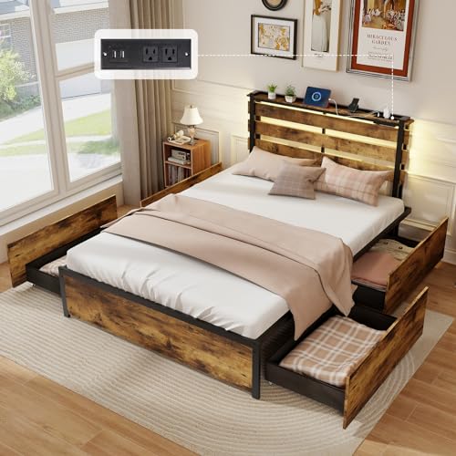 Giantex Full Bed Frame with LED Lights Headboard and 4 Storage Drawers, Metal Platform Bed with Outlets and USB Ports Charging Station, Easy Assembly, No Box Spring Needed, Smart LED Bed Frame Giantex