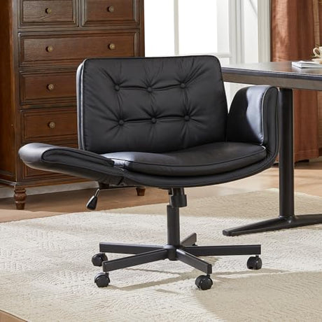 amseatec Criss Cross Chair with Armrests & Wheels, PU Leather Vanity Chair, Comfortable Adjustable Swivel Computer Office Desk Chairs for Home, Make Up, Bed Room (Black) amseatec