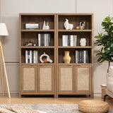 SICOTAS 5-Tier Boho Rattan Bookshelf with Doors - Stylish Oak Storage for Home and Office SICOTAS