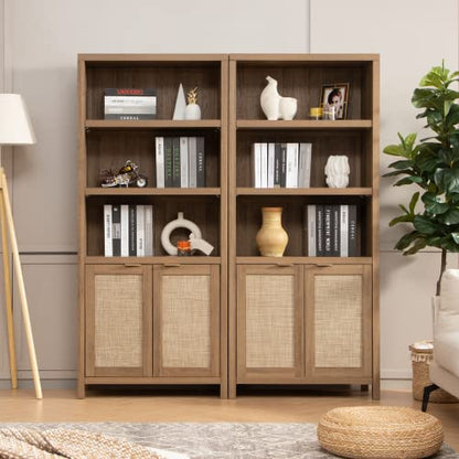 SICOTAS 5-Tier Boho Rattan Bookshelf with Doors - Stylish Oak Storage for Home and Office - WoodArtSupply