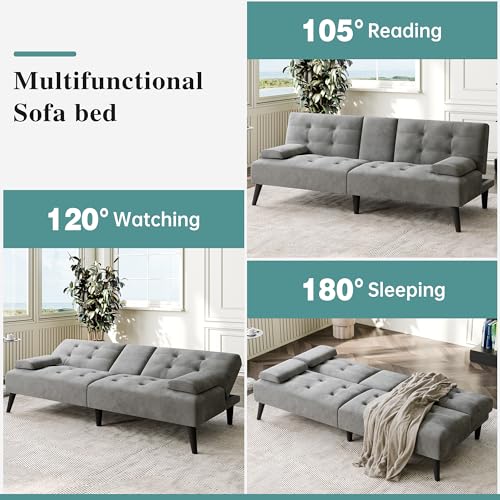 Meilocar 64" Futon Sofa Bed, Convertible Loveseat with 2 Cup Holders, Small Couch with 3 Adjustable Angles & Armrests, Sleeper Sofa for Apartment, Office, Dark Grey Meilocar
