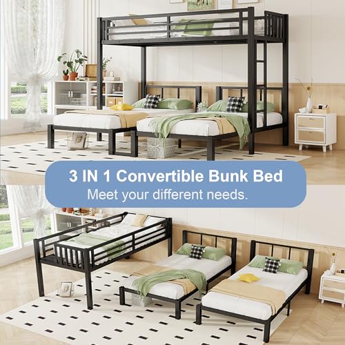 MoproBeti Triple Bunk Bed for Kids,Metal Heavy Duty 3 Bunk Beds with Storage Shelf & Ladder, Convertible Three Bunk Beds for Girls Boys Teens,Can be Separated into 3 Beds, Black MoproBeti