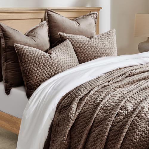 EVERGRACE Luxury Velvet Quilt Set King Size 3 Piece, Soft Cross-Stitch Velvet Comforter Set with Pillow Shams, Lightweight Coverlet Bedspread Bedding Set for All Seasons, Mushroom Brown EVERGRACEHOME