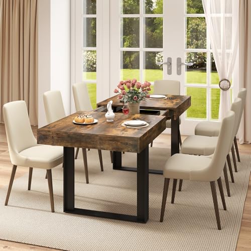 Zevemomo 63"-78.7" Expandable Dining Table, 6-10 Farmhouse Kitchen Table, Extendable Dining Table, Rectangular Kitchen Table with Metal Track, Tapered U-Shaped Leg for Dining Room,Office-Rustic Brown Zevemomo