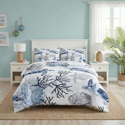 WeCozy Twin Size Comforter Set with Pillowcase, Animal Blue Turtle Sea Coral Soft 2 Pcs Bedding for Kids and Adults Bedroom Bed Decor WeCozy