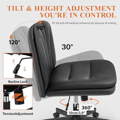 HeroSet Criss Cross Chair with Wheels,Comfy Wide Vanity Chair,Scratch-Resistant Leather Cross Legged Desk Chair,Height Adjustable Computer Office Desk Chairs HeroSet