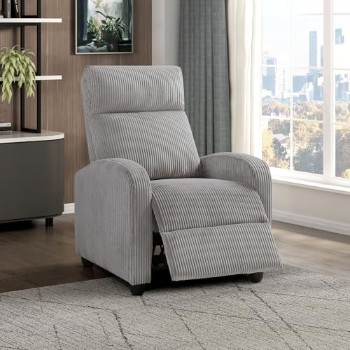 Lexicon Corduroy Pushback Recliner Chair Armchair Push Back Recliner, Solid Wood Frame and Metal Base, Easy Assembly Small Soft Single Sofa Accent Chair for Living Room/Office/Apartment, Light Grey