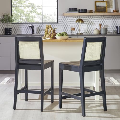 Walker Edison 2-Piece Boho Rattan Back Solid Wood Counter Stool, Set of 2, Black Walker Edison