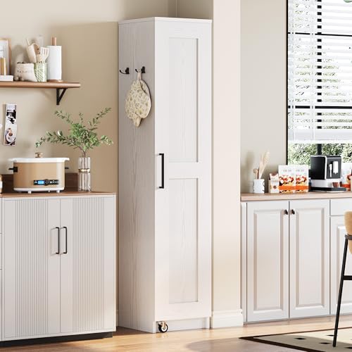 IRONCK Narrow Kitchen Pantry Storage Cabinet, 72" Slim Single Door with 6 Adjustable Shelves, Door Rack and Wheels, Space Saving Freestanding Storage Floor Cabinet for Small Place, White IRONCK