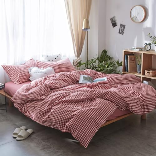 mixinni Red Gingham Comforter Set Twin XL, Plaid Comforter Set 3 Pieces 1 Red Grid Comfoter with 2 Pillow Cases for All Seasons, Soft Fluffy Modern Grid Pattern Printed Bedding-Twin XL Size mixinni