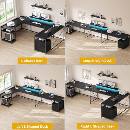 DWVO U Shaped Desk with Drawers, 79" Reversible L Shaped Desk with Power Outlets & LED Lights, Corner Computer with Monitor Stand & Storage Shelves, Black DWVO