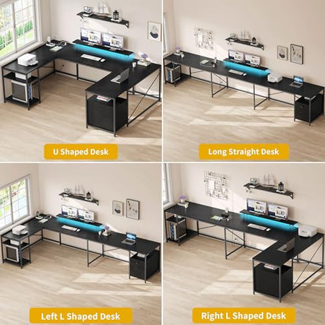 DWVO U Shaped Desk with Drawers, 79" Reversible L Shaped Desk with Power Outlets & LED Lights, Corner Computer with Monitor Stand & Storage Shelves, Black DWVO