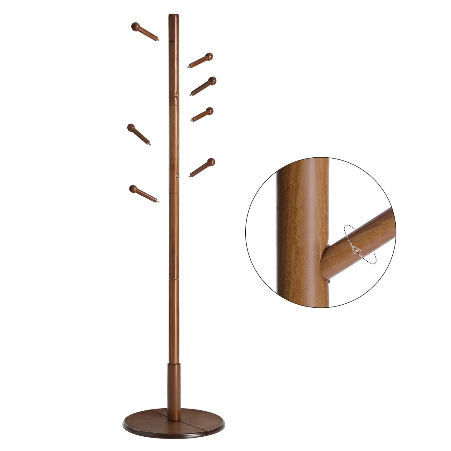 VASAGLE Solid Wood Coat Rack, Wood Hall Tree, Coat Rack Stand with 7 Rounded Hooks, Stable Round Base, 3 Height Options, for Living Room, Bedroom, Home Office, Dark Walnut URCR07WN - WoodArtSupply