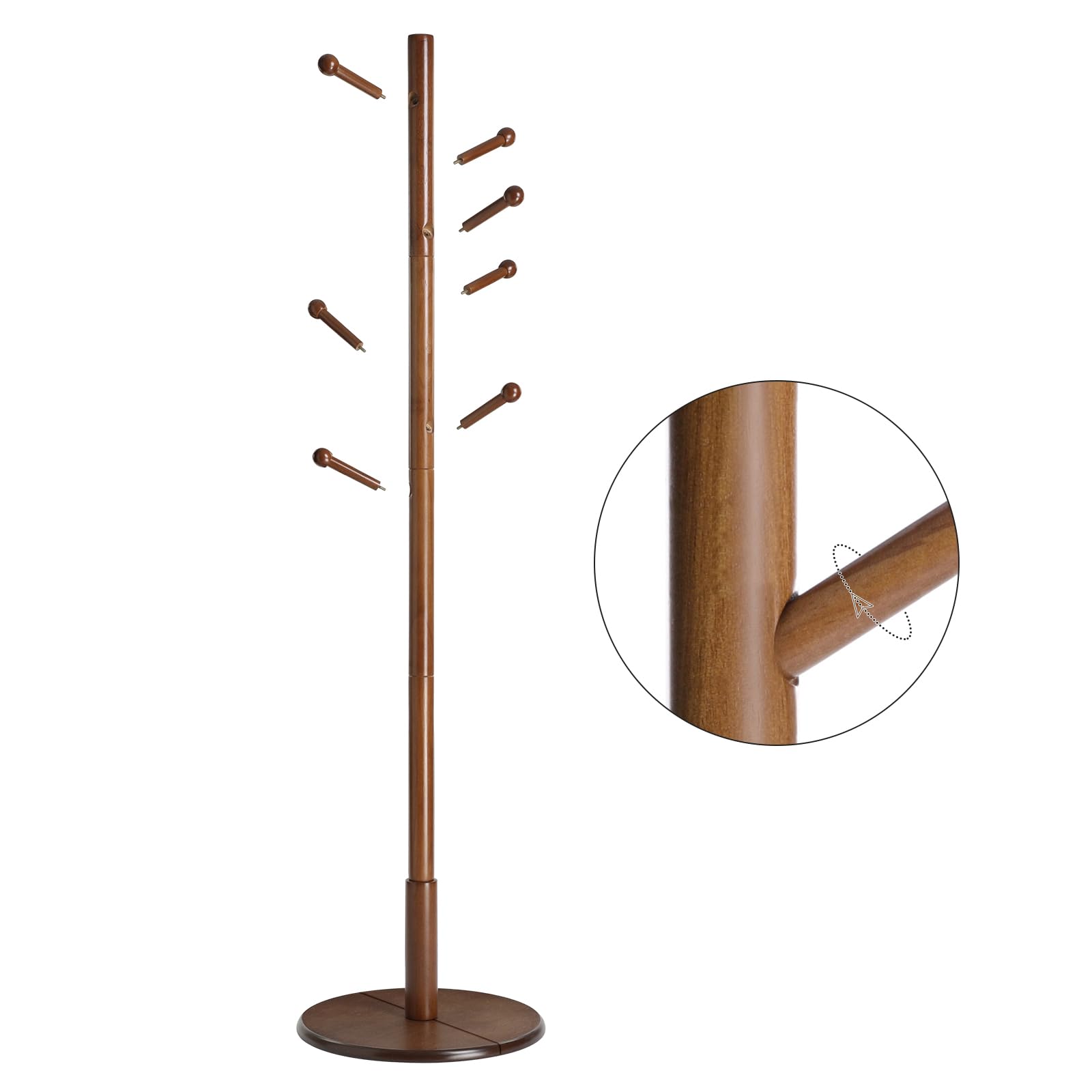 VASAGLE Solid Wood Coat Rack, Wood Hall Tree, Coat Rack Stand with 7 Rounded Hooks, Stable Round Base, 3 Height Options, for Living Room, Bedroom, Home Office, Dark Walnut URCR07WN - WoodArtSupply