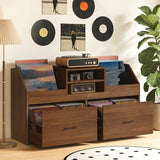 STHYTON Large Record Player Stand with Charging Station & 2 Sliding Drawers, Record Storage Cabinet with Vinyl Storage Hold Up to 500+ Album, Mid Century Turntable Stand for Living Room, Music Room STHYTON