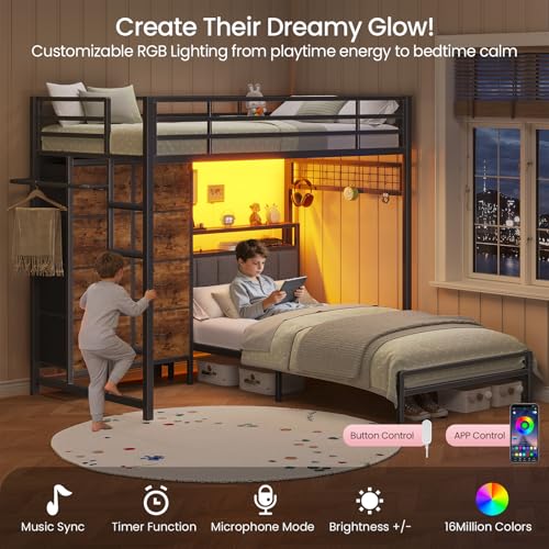 Twin Over Twin Bunk Bed with 8 Storage Drawers, Upholstered Storage Headboard, Charging Station and LED Lights, Heavy-Duty Metal Bunk Bed with Safety Guardrail & Ladder, Twin Bunk Beds for Kids, Teens mojiasion