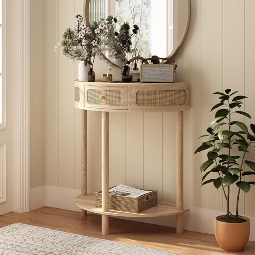 RowyPoey Rattan Half Moon Console Table-Modern Small Entryway Table with Rattan Drawer and Storage Shelf, Boho Farmhouse Wood Sofa Table for Living Room Hallway Foyer Sofa Side, Natural RowyPoey