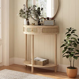 RowyPoey Rattan Half Moon Console Table-Modern Small Entryway Table with Rattan Drawer and Storage Shelf, Boho Farmhouse Wood Sofa Table for Living Room Hallway Foyer Sofa Side, Natural RowyPoey
