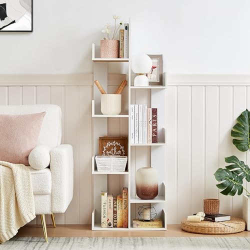 VECELO 8-Tier Tall Cactus-Shaped Tree Bookshelf, Vertical Bookcase with Waterproof Shelves & Rounded Corners, Modern Display Rack for Small Spaces in Living Room, Office, Bedroom, Ivory White VECELO