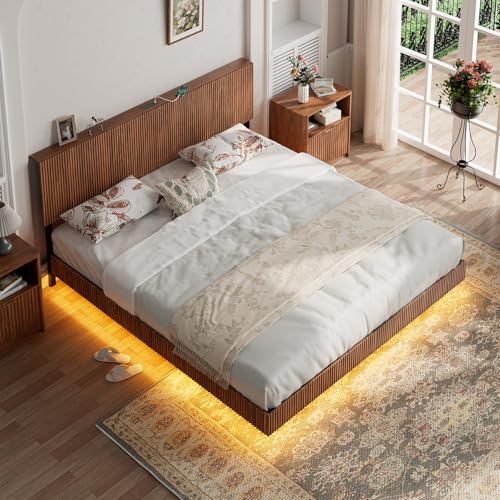 Evermagin Walnut King Floating Bed Frame with Headboard, Mid Century Modern Fluted Platform Bed with LED Lights, Heavy Duty Floating Bedframe with Charging Station, No Box Spring Needed Evermagin