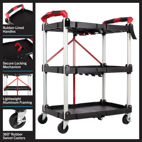 Collapsible Cart - Portable and Lightweight Folding Service Cart with 50lb Capacity Per Shelf - Multi Use Foldable Trolley with Wheels by Stalwart Stalwart
