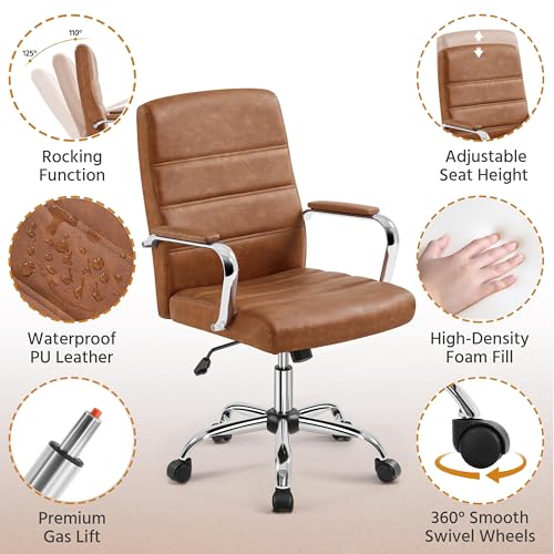 Yaheetech Mid-Back Office Chair with Arms Swivel PU Leather Height Adjustable Office Executive Chair, Retro Brown Yaheetech