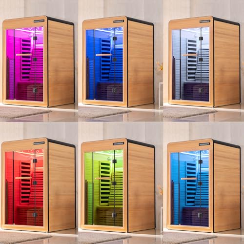 Woodbridge Infrared Home Sauna Room 2 Person Hemlock Wooden Indoor Sauna,7 Carbon 2230W/120V Heaters,with Led Color Therapy Light,Bluetooth Speaker,Tempered Glass,Touch-Tone Keypad and A Top Vent WOODBRIDGE