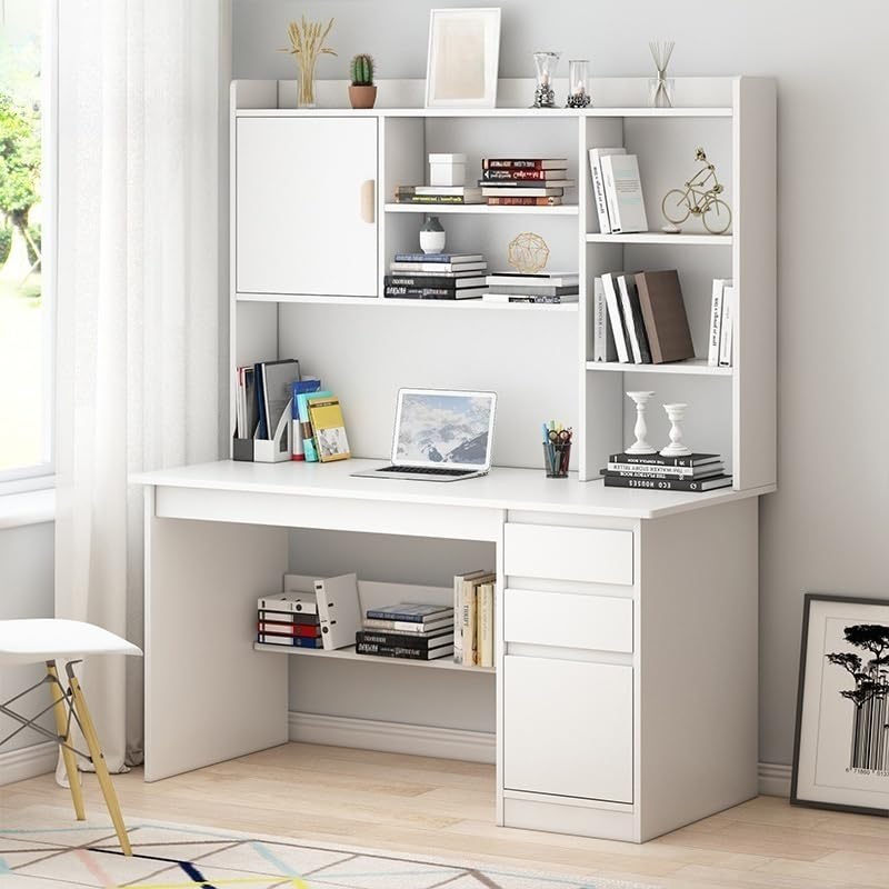 LITFAD Modern White Computer Desk with Hutch, Bookcase, and Cable Management - 3 Drawers, 47.2" x 17.7" x 64.2" LITFAD