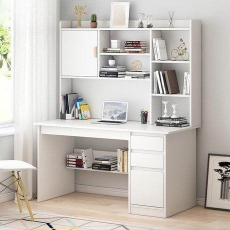 LITFAD Modern White Computer Desk with Hutch, Bookcase, and Cable Management - 3 Drawers, 47.2" x 17.7" x 64.2" LITFAD