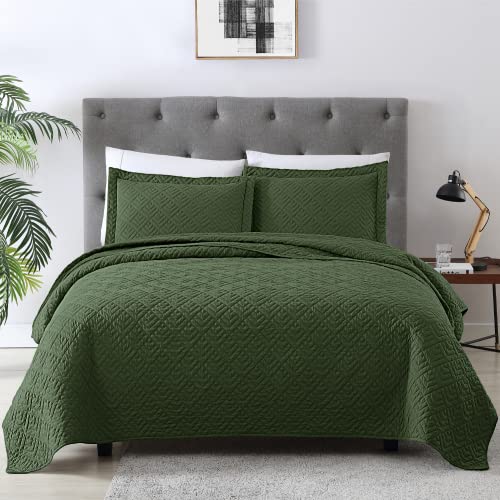 EXQ Home Quilt Set Twin Size Olive Green 2 Piece,Lightweight Soft Coverlet Modern Style Squares Pattern Bedspread Set(1 Quilt,1 Pillow Sham) EXQ Home