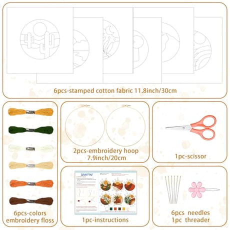 BEUNITONE Bohemian Embroidery Kit for Beginners, 6-Piece Stamped Needlepoint Craft Kits with Landscape, Sun, Moon, Leaves, Vase Designs, Complete DIY Handmade Embroidery Set for Relaxing Creative Fun BEUNITONE
