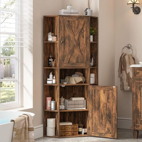 Halitaa Farmhouse Corner Cabinet, Tall Corner Storage Cabinet with Barn Doors and Adjustable Shelves Wooden Display Bookshelf Pantry Cabinets Organizer Home Furniture for Bathroom, Living Room Halitaa