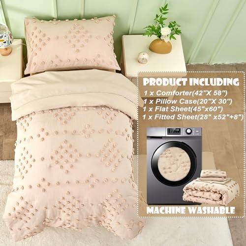 Toddler Bedding Set for Girls 4-Piece Beige Jacquard Pom Pom Tufts Embroidery Bohemian Boho Tufted Dots Comforter Set for Baby Kids Bed-in-a-Bag with Comforter, Flat Sheet, Fitted Sheet, Pillowcase VIVILINEN