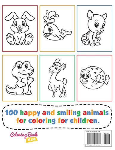 Happy Animals Coloring Book for Toddlers: 100 Funny Animals. Easy Coloring Pages For Preschool and Kindergarten. (Big Coloring Book, Kids Ages 1-4) UHV