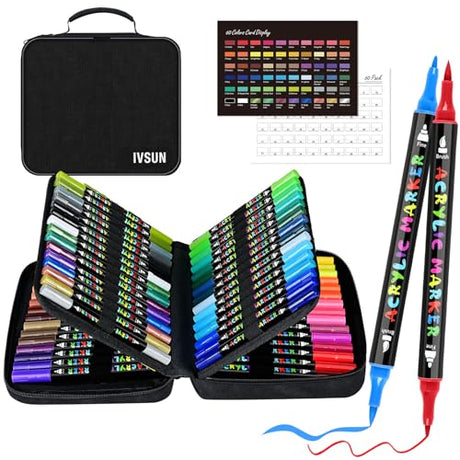 IVSUN 60 Colors Acrylic Paint Markers, Dual Tip Acrylic Paint Pens with Brush and Fine Tips for Rock Painting, Canvas, Wood, Glass, Metal, Ceramic, Calligraphy, Card Making, DIY Crafts IVSUN