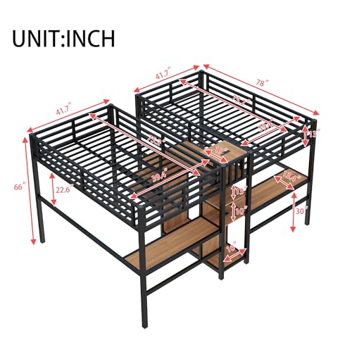 Bellemave Twin Over Twin Metal Loft Bed with Desk and Wardrobe for 2 Kids,Twin Size Heavy Duty Double Loft Bed Frame with Charging Station and Shelves for Boys,Girls,Adults,Woodgrain Bellemave