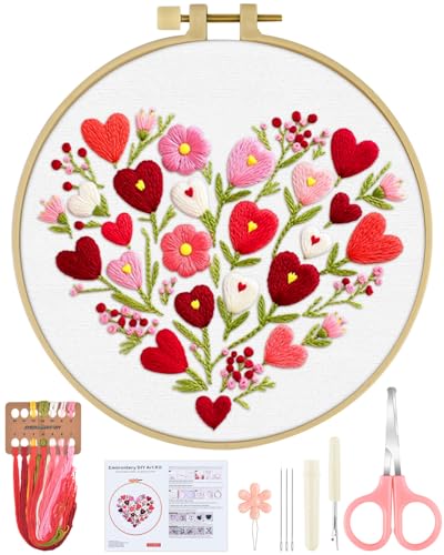 ERKOON Embroidery Kit for Beginners Adult, Flower Cross Stitch Set Include Embroidery Cloth Hoops Threads for Craft Lover Hand Stitch with Embroidery Skill Techniques (Heart)