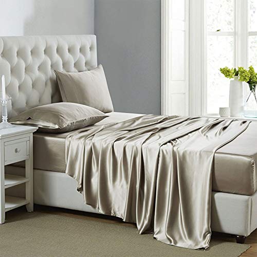 Lanest Housing Silk Satin Sheets, Queen Size Satin Bed Sheet Set with Deep Pockets, Cooling Soft and Hypoallergenic Satin Sheets Queen - Taupe Lanest Housing