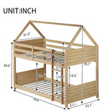 Ball & Cast Twin Over Twin House Bunk Bed for Kids,Rubber Wood Bunk Bed with Headboards, Footboards and Guardrails, Ladder,Twin Size House Shaped Bunk-Bed, No Box Spring Needed,White Oak Ball & Cast
