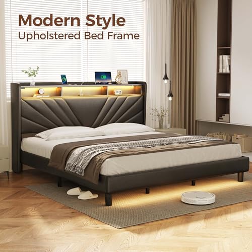 Rolanstar King Size Bed Frame, Storage Headboard with Charging Station and LED Lights, Upholstered Bed with Heavy Duty Wood Slats, No Box Spring Needed, Noise Free, Easy Assembly, Black Rolanstar