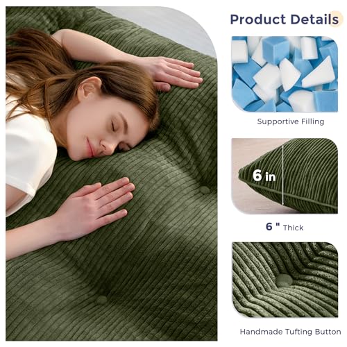 MAXYOYO 6" Japanese Floor Mattress, Foldable Futon Mattress Queen Size, Tufted Roll Up Floor Bed, Thick Tatami Mat Sleeping Pad Portable Lounger for Camping Guest Room Dormitory Bedroom RV, Dark Green MAXYOYO