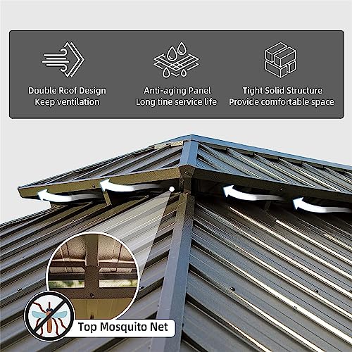 12x18Ft Hardtop Gazebo Aluminum Frame Gazebo with Galvanized Steel Double Roof Outdoor Permanent Metal Pavilion with Curtains and Netting for Patio Backyard and Lawn,Brown - WoodArtSupply