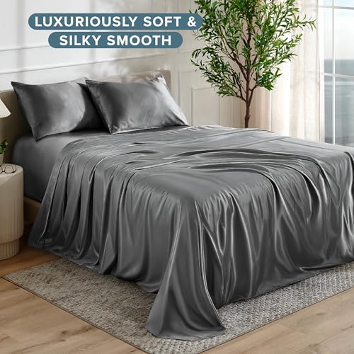 Bare Home Poly Satin Sheet Set - Full Extra Long - Luxury Soft and Smooth Satin - for Hair and Skin - Breathable - Similar to Silk - Deep Pocket up to 15” - Bedding Sheet Set (Full XL, Grey) Bare Home