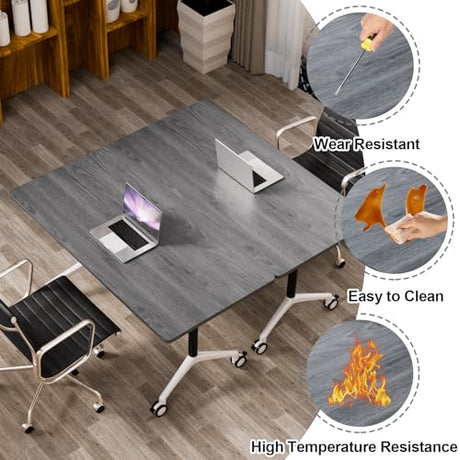 Folding Conference Table, Modern Large Conference Room Tables with Flip-Top Design, Foldable Conference Table Meeting Table with Wheels, Mobile Seminar Training Tables for Office Classroom (4, Oak) VVNO LIKK