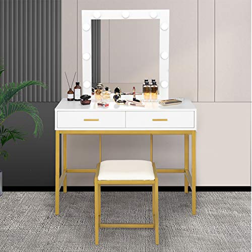 VINGLI 40" Vanity Set with Lighted Mirror and Stool,White Makeup Vanity Table Set with 9 Lights for Women,Bedroom Makeup Dressing Table with 2 Drawers and Stool,White&Gold VINGLI