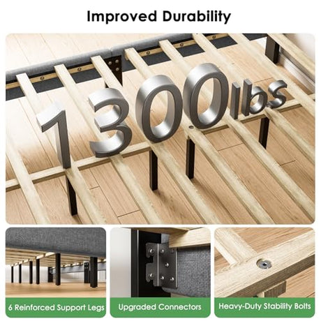 Marsail Full Bed Frame with 2 Storage Drawers, Sturdy & Durable with 12 Support Legs, 1300 lbs Capacity, Solid Wooden Upholstered Adjustable Headboard for 6″–12″ Mattresses, Easy Assembly, Dark Gray Marsail