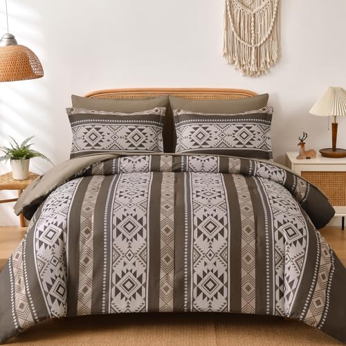 Anibedding Brown Comforter Set Queen 7 Pieces Boho Western Bedding Set for All Season, Aztec Bed in a Bag Queen Soft Microfiber Comforter Set with Sheets, Pillowcases & Shams Anibedding